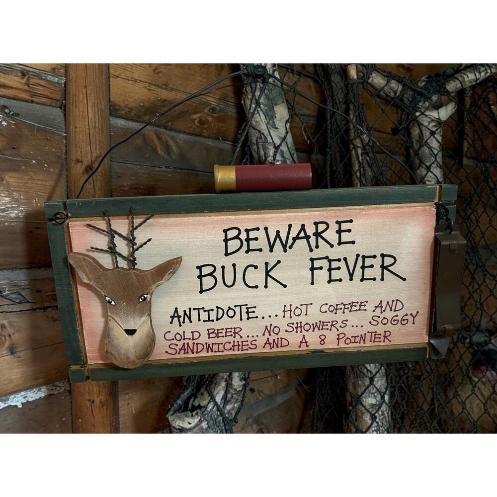 Rustic Wooden Hunting Sign Buck Fever Deer Lodge Wall Decor 12” Man Cave Art